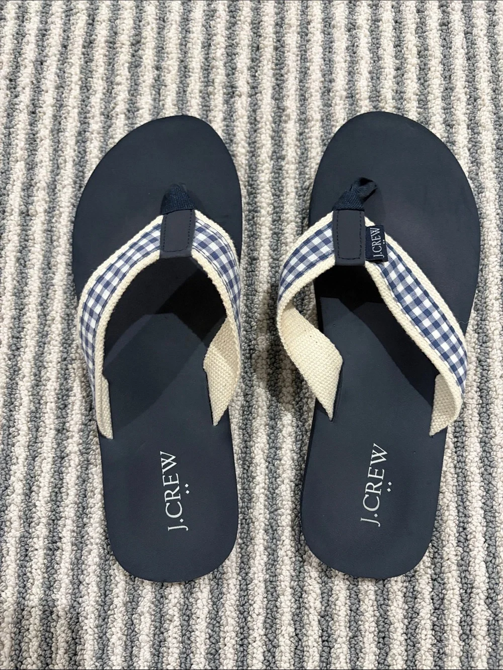 J. Crew Navy Blue Flip Flops with Navy-and-White Gingham Straps